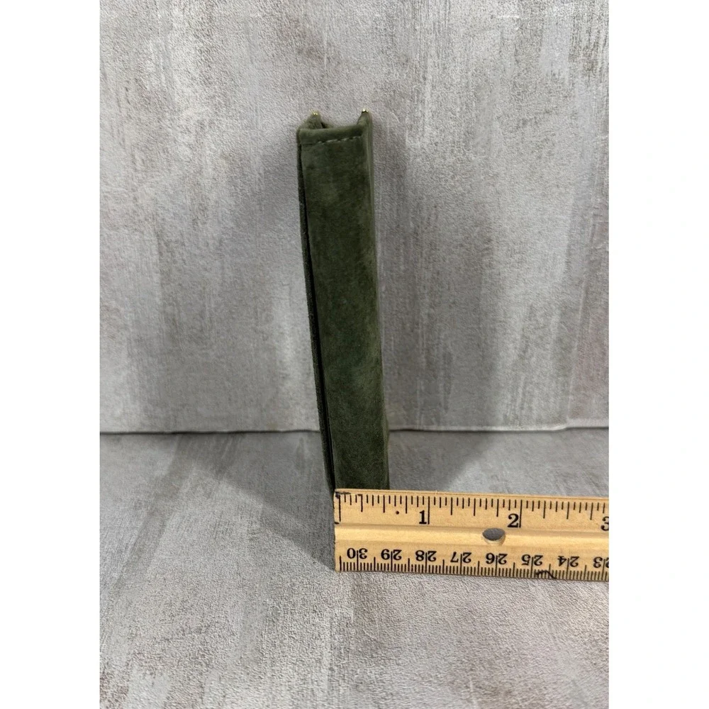 English Leather Green Suede Zip Around Card Holder Wallet Gold Corners Vintage